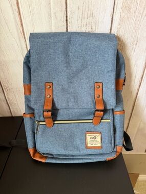 Wenjie Blue Canvas Laptop Backpack with Faux Leather Straps